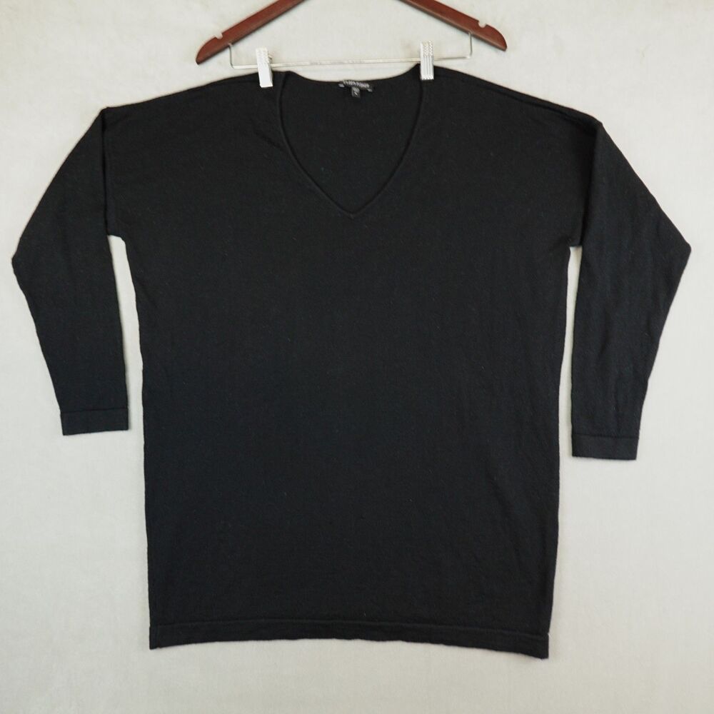 Eileen Fisher Sweater 100% Italian Merino Wool Knit Black V Neck Tunic Size XL